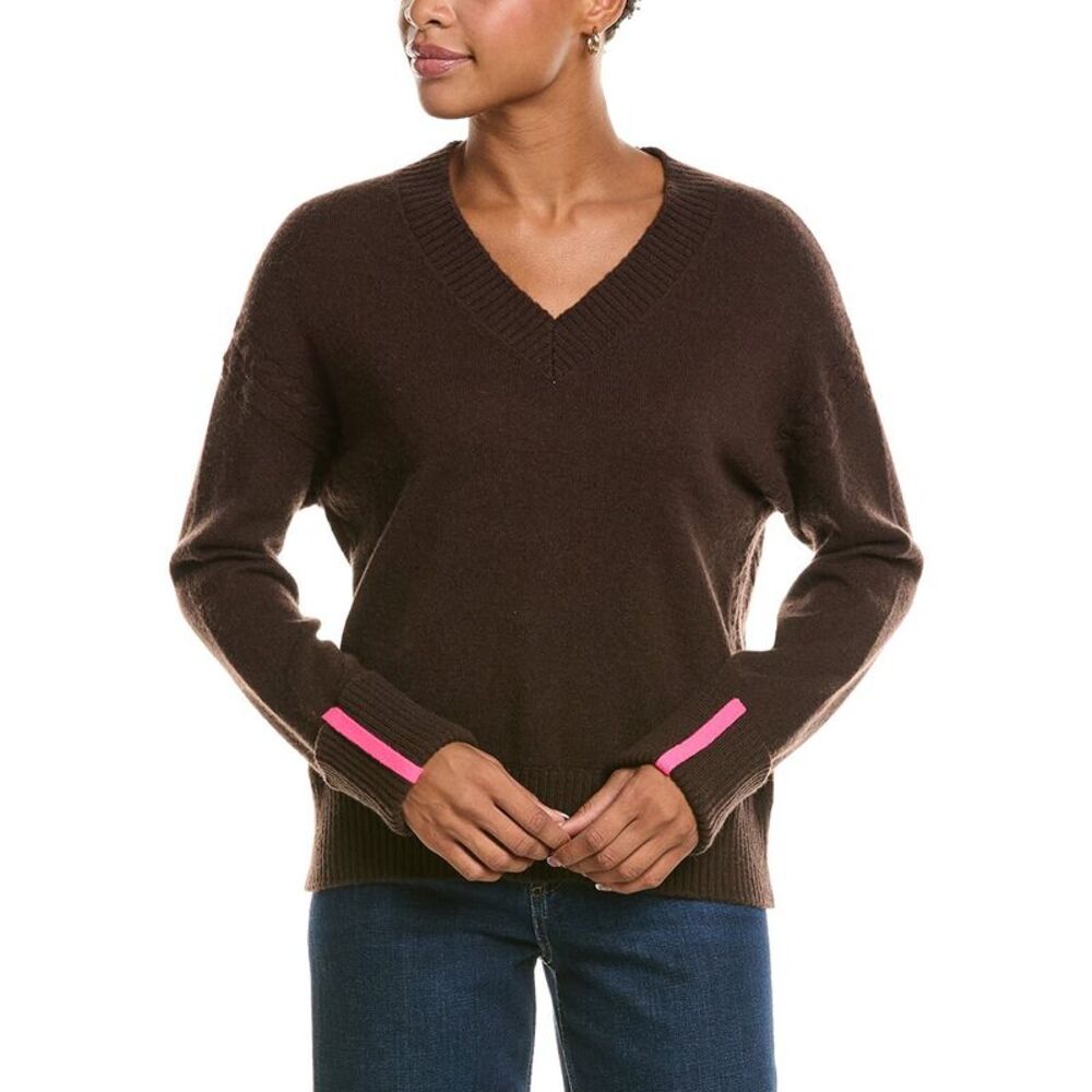 Brodie Cashmere Womens  Turn Back Cuffs V-Neck 100% Cashmere Sweater, Brown